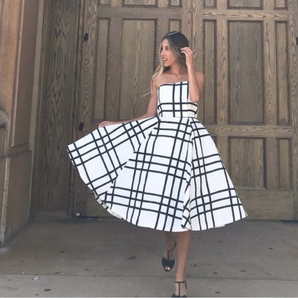 Chicwish black white midi cocktail dress grid plaid stripe checker square formal